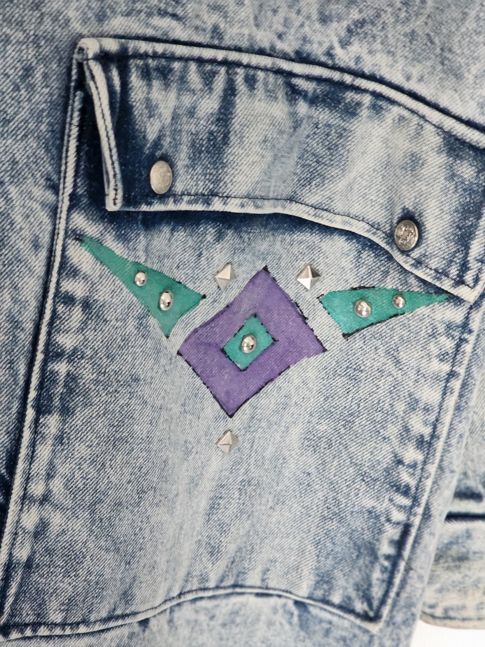 Vintage TRAIL DUSTER Denim Leather Fringe with Teal  Purple Accents 25" PTP - Picture 10 of 16